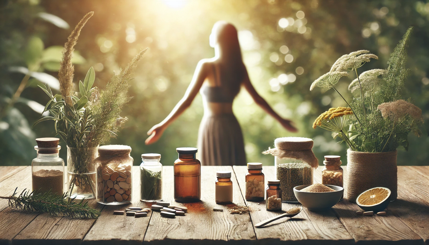 A wooden table featuring natural herbs, vitamins, and supplements known for supporting brain health and concussion recovery. The soft sunlight highlights ingredients like rosemary and gotu kola, while a woman in the background, arms outstretched, symbolizes relief and recovery.