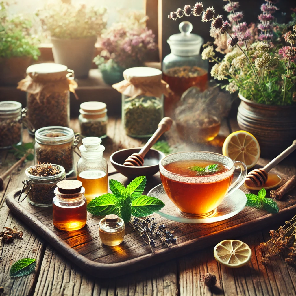 A cozy tea-making scene with a steaming cup of herbal tea, loose-leaf herbs, dried flowers, and natural remedies on a rustic wooden table. A warm, inviting atmosphere highlights holistic allergy relief with homeopathic and botanical wellness ingredients.