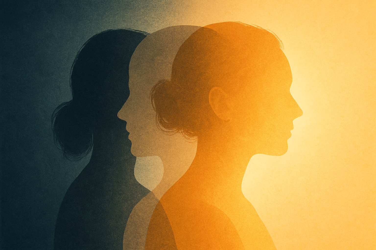 A digital illustration of a woman’s overlapping silhouettes transitioning from darkness to light, symbolizing healing, clarity, and personal transformation through root-cause naturopathic care.