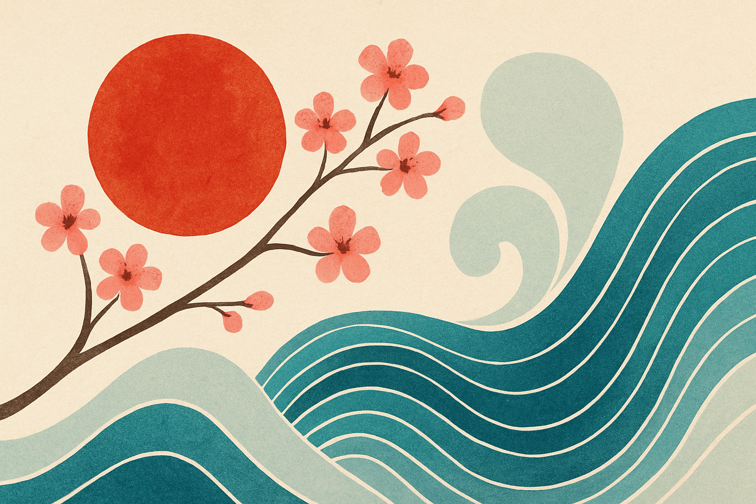 Self-care themed, calming nature illustration with water and cherry blossoms suggestive of Japanese culture.